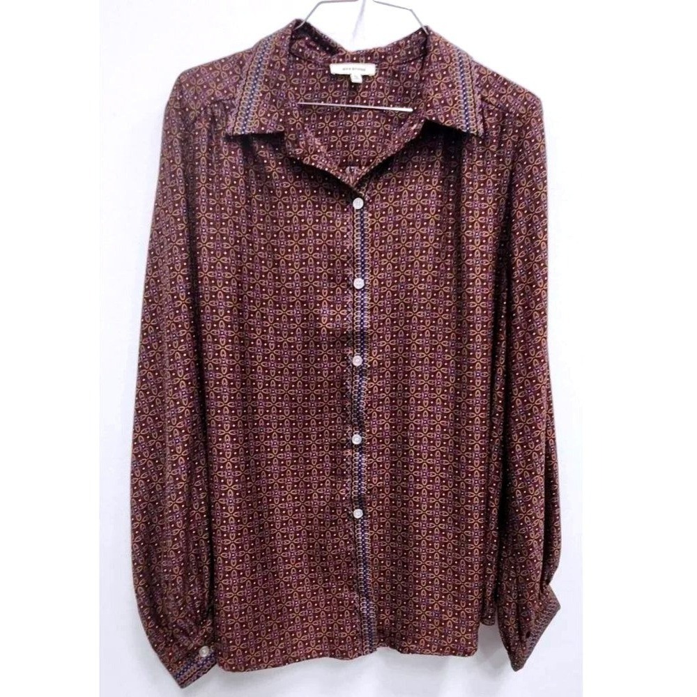 Max Studio Button Up Blouse Top Womens XL Burgundy Floral Long Sleeve Office
